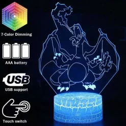 Pkm.store Sonstiges Merchandise-3D Illusion Glurak Charizard Nachttischlampe Mit Fernbedienung Und Farbwechsel Nachtlicht