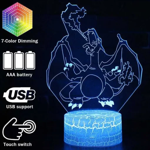 Pkm.store Sonstiges Merchandise-3D Illusion Glurak Charizard Nachttischlampe Mit Fernbedienung Und Farbwechsel Nachtlicht