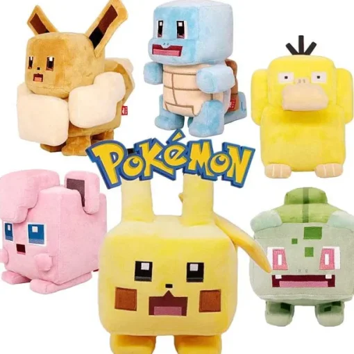 Pkm.store Pokemon Kuscheltiere-Eckige Pokemon Pluschies - Evoli, Pikachu, Enton, Schiggy, Pummeluff, Bisasam Im Pixel Look