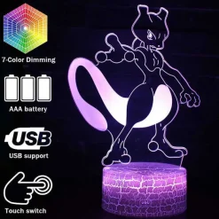 Pkm.store Sonstiges Merchandise-Mew Oder Mewtwo / Mewtu Nachttischlampe 3D Effekt, 16 Farben, Fernbedienung