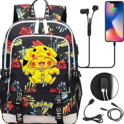 Pkm.store Rucksäcke & Taschen-Pikachu Pokemon Rucksack Mit Usb - Ideal Fur Laptops Und Fur Die Schule